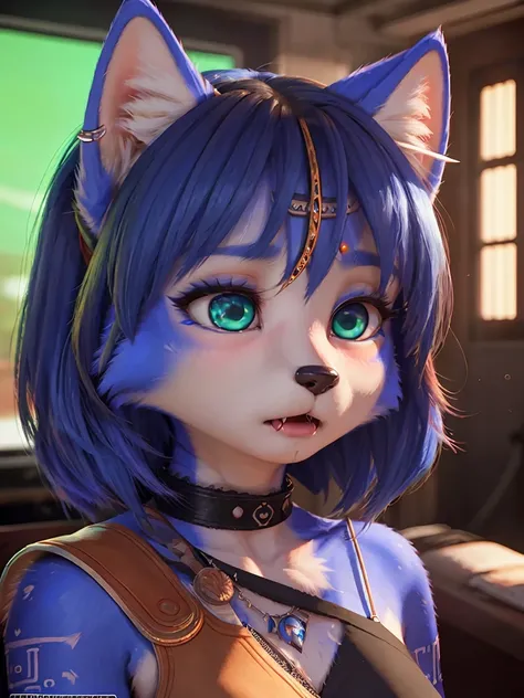 ((krystal)), Star Fox-Krystal, lovable, green eyes, (((  Long blue hair 1  .3))), Decollete, anthro, blurred,  detailed Fluffys fell,  detailed face , (Fluffy),   1 girl, ,woman, Goth, green eyes, Undercut, Ultra-realistic 8k CG  ,   masterpiece, ((  ultra...