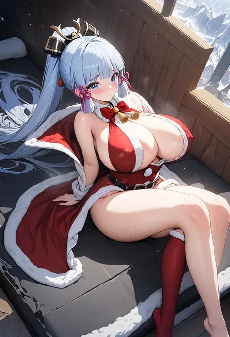 8k, masterpiece, best quality, ultra detailed, Ultra-high resolution, Highly detailed CG, break, 1girl, kamisato ayaka(genshin impact), kawaii, nsfw, huge breasts, slender, (Santa Clauscostume:1.2), full body, indoors, sitting on sofa
