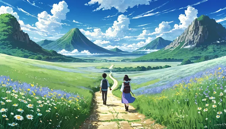  illustration :

Main Theme:  the scenery of young people traveling through a vast prairie

Composition : main character（ men and women in their 20s ） stands in the middle of a vast prairie 、地平線の向こうに続くroadを見つめている。main characterたちは軽装の旅人スタイルで、 Composition th...