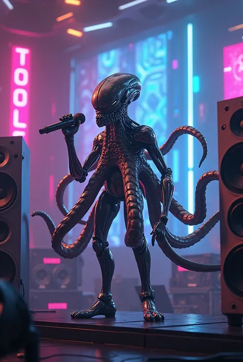 Robotic octopus holding microphone with background sound system neon cyber punk 