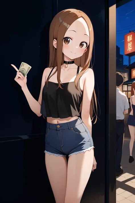 NSFW,masterpiece, top quality , high res, very detailed,Takagi(からかい上手のTakagi), long hair、Brown Hair、 split bangs,Forehead、clavicle,(Prostitute), Sexy Outfit ,Nightlife,Seduce