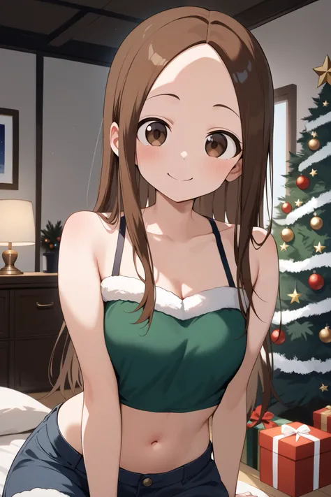 NSFW,masterpiece, top quality , high res, very detailed,Takagi(からかい上手のTakagi), long hair、Brown Hair、 split bangs,Forehead、clavicle,Santa, crop top, luxury room , Christmas