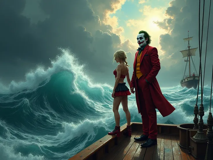 "Create a dramatic and atmospheric painting in the style of Ivan Aivazovsky, featuring Joaquin Phoenixs Joker and Harley Quinn as central figures amidst a tumultuous seascape. The Joker should be portrayed in his iconic red suit, standing confidently on th...