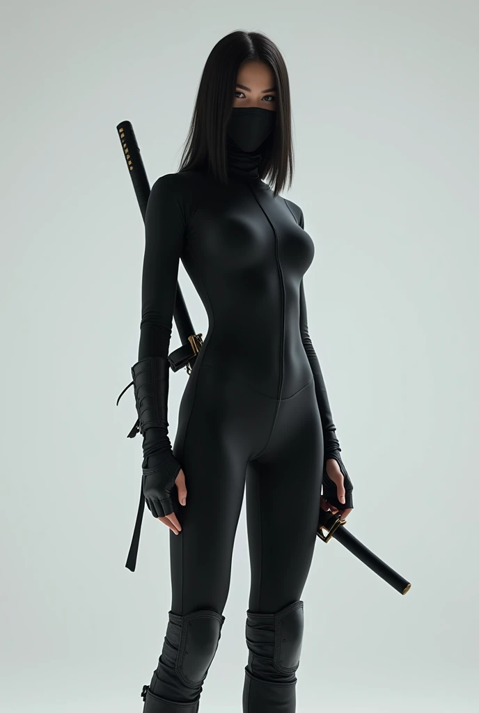 One girl,Realistic, Sharp focus, ultra realistic photo, High resolution, Alone, full body photo, low angle photo.  black leotards combat tight ninja bodysuit, ((ninja armor)). dark ninja mask. dark leotards ninja tight suit. Ninja arms armor. Beautiful wom...