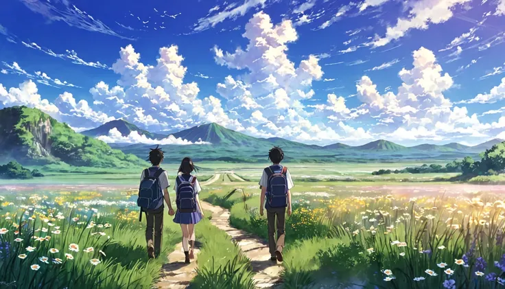   illustrations :

Main Theme:   Scenery of young people traveling through a vast prairie

Composition  : main character（ Men and women in their 20s ）  standing in the middle of a vast grassland  、地平線の向こうに続くroadを見つめている。main characterたちは軽装の旅人スタイルで、  rucksac...