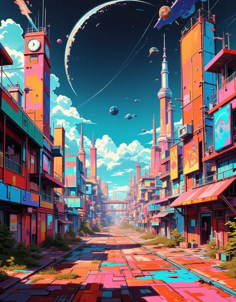 Ligne claire, Vincent Mahé art, Stylish graphic design, Graphic design-style layout and color sense, painting of a futuristic city with a clock tower and a clock tower, martian city, space opera and dystopian style, Ultra Wide Angle, glitch, Hutchison Effe...