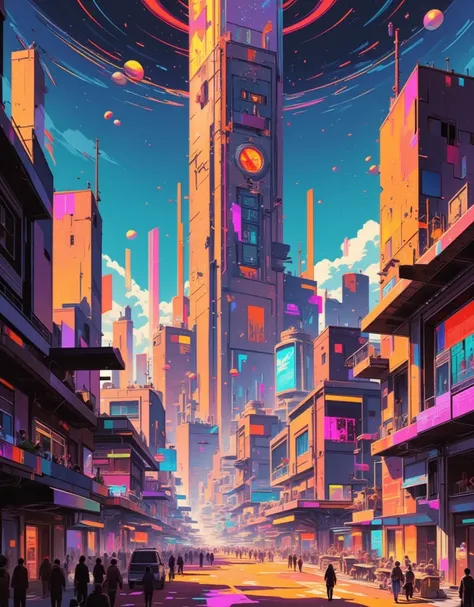 Ligne claire, Vincent Mahé art, Stylish graphic design, Graphic design-style layout and color sense, painting of a futuristic city with a clock tower and a clock tower, martian city, space opera and dystopian style, Ultra Wide Angle, glitch, Hutchison Effe...