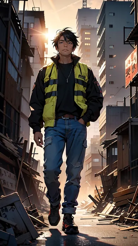 “A 35-year-old Japanese man with short, neatly kept black hair, wearing a work jacket and jeans, standing on a construction site. His expression is serious and determined, as he looks into the distance. Behind him are piles of rubble and metal scaffolding,...