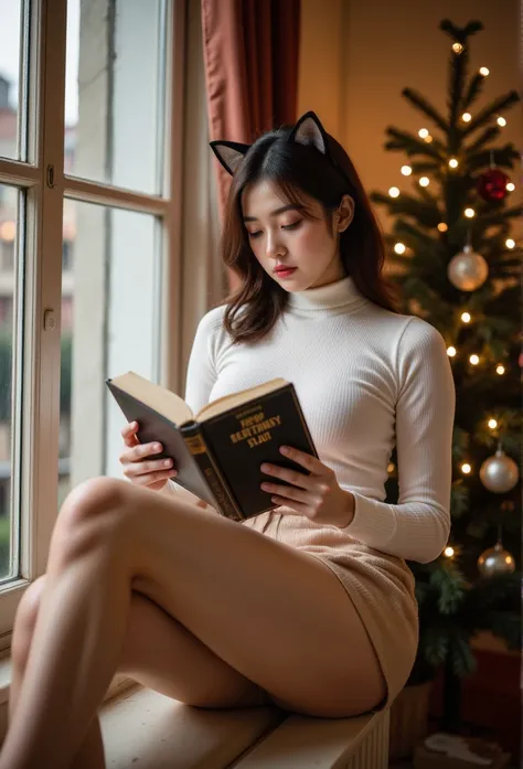 Cat ears、white thick turtleneck 、 beige fluffy flared skirt、reading、  attractive,desire, Obscene, Mature Woman, Captivating body lines , ((  fine facial features , makeup、 eroticism)),  Dramatic Lighting  ,  realistic , 8k, Cinematic Composition , dark moo...