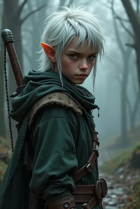 Male,elf,22 years old,white hair,black eye,look a bit scary,has short sword on back,Look like adventure,murder,wearing some old clothes,