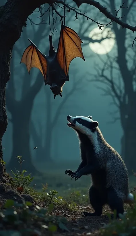 A dramatic encounter between a badger and a bat in a dark, eerie forest. The badger, with its stout, muscular body and striking black-and-white striped face, stands on the forest floor, its sharp claws digging into the earth as it growls defensively. Above...