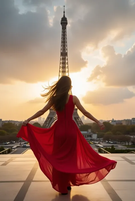 An american women age upto 40, brown hair, in a long red dress standing in front of the Eiffel Tower in Paris, France. The woman is in the center of the image, with her arms stretched out to the sides and her hair flying in the wind. She is facing away fro...