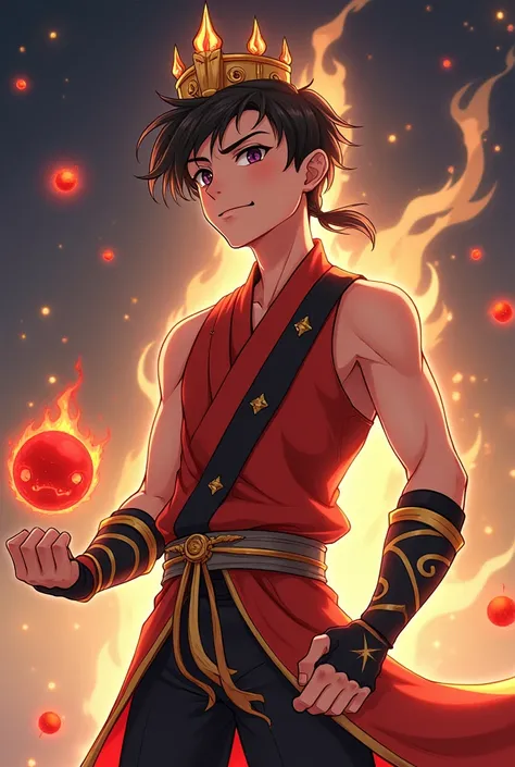 Design a  anime boy with smooth, medium-length hair tied in a small ponytail at the back, giving him a sleek and disciplined look. He wears a golden crown inspired by Sun Wukong, adorned with flame-like patterns. His outfit is a fusion of traditional kung ...