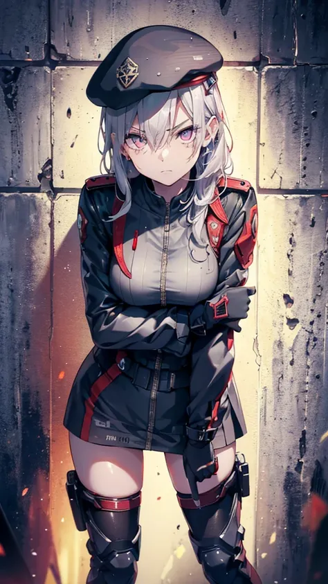 Silver Haired Girl,((Yuki Izumi))(( Big Breasts :0.6)), red glasses, Tactical Boots ,Futuristic gun,Rain environment, high image quality,8k, super detailed , surreal(()),masterpiece, cinematic lighting,Dramatic lighting, Dramatic Poses,High definition faci...