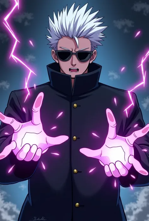 Image is a digital illustration in an anime style, featuring a character with spiky white hair and wearing dark sunglasses. The character is dressed in a high-collared black coat, exuding a mysterious and powerful aura. The background is a dynamic mix of d...