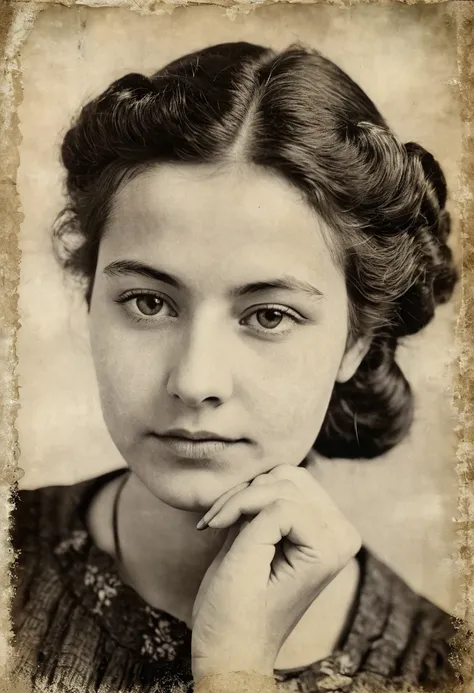 a closeup of a young womans face, pose with her hand on her chin on a piece of paper, realistic old photograph, realistic old photo, grainy damaged photo, on old paper, aged photo, old photo, damaged photo, very old photo, old photo, post grunge portrait, ...