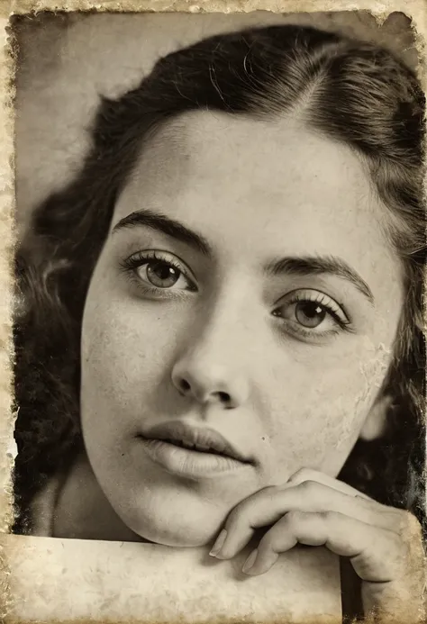 a closeup of a young womans face, pose with her hand on her chin on a piece of paper, realistic old photograph, realistic old photo, grainy damaged photo, on old paper, aged photo, old photo, damaged photo, very old photo, old photo, post grunge portrait, ...