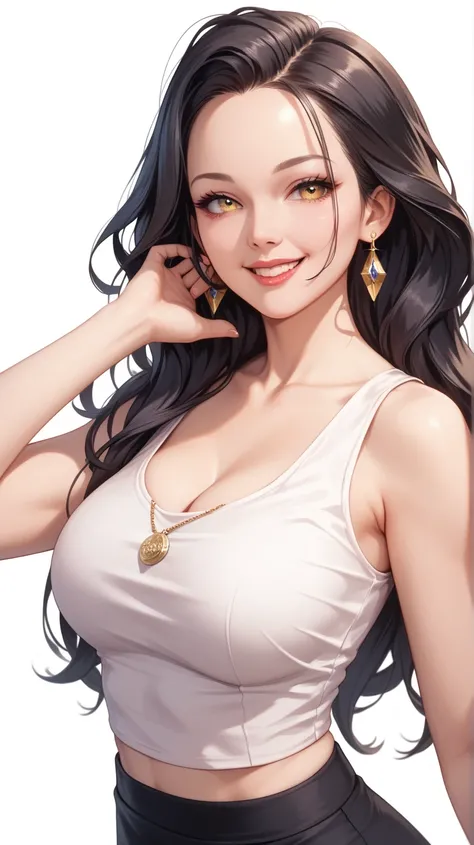 upper body display, face details,semi realistic, Masterpiece, Master work, perfect , 4k, 1woman, office lady, mature body, B-cup size breast, straight half body long hair, middle parted hair style, large forehead, black colored hair, golden eyes, happy exp...