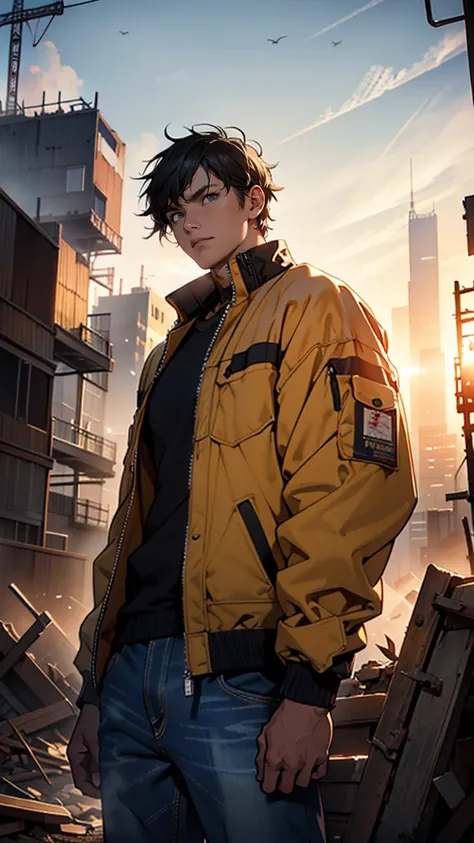 “A 35-year-old Japanese man with short, neatly kept black hair, wearing a work jacket and jeans, standing on a construction site. His expression is serious and determined, as he looks into the distance. Behind him are piles of rubble and metal scaffolding,...