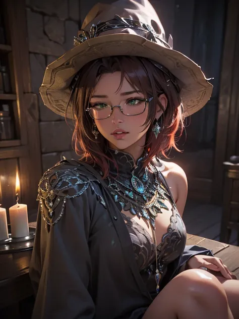 Short,  red hair ,  green eyes ,  metal-framed glasses,  witch hat,  kiss, a girl is sitting in a cafe at a table among candles. ( masterpiece fails,  top quality ,  better quality ,  official art,  beautiful and aesthetic :1.2),  Extremely detailed ,( fra...