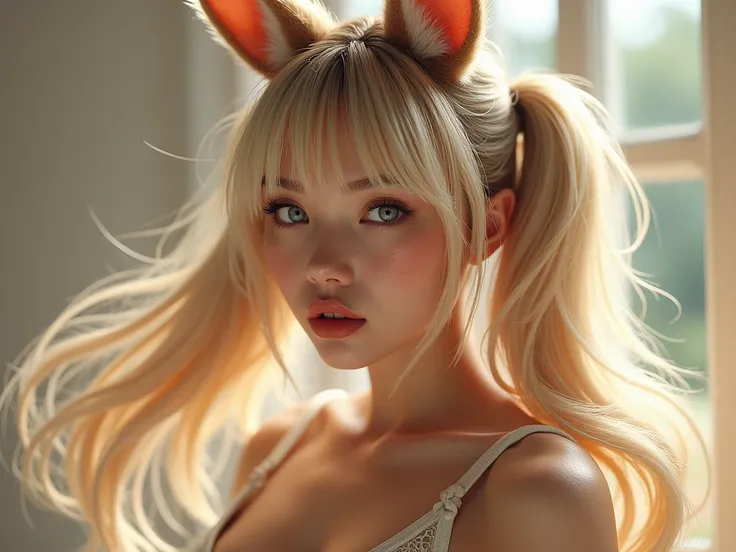 Hot girl supermodel, 1girl, Open Mouth, Bangs, Blonde Hair, Twintails, Animal Ears, 