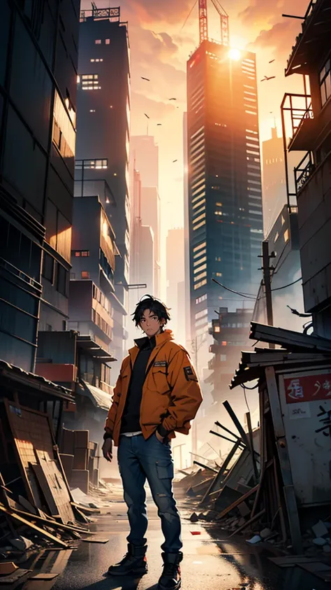 “A 35-year-old Japanese man with short, neatly kept black hair, wearing a work jacket and jeans, standing on a construction site. His expression is serious and determined, as he looks into the distance. Behind him are piles of rubble and metal scaffolding,...