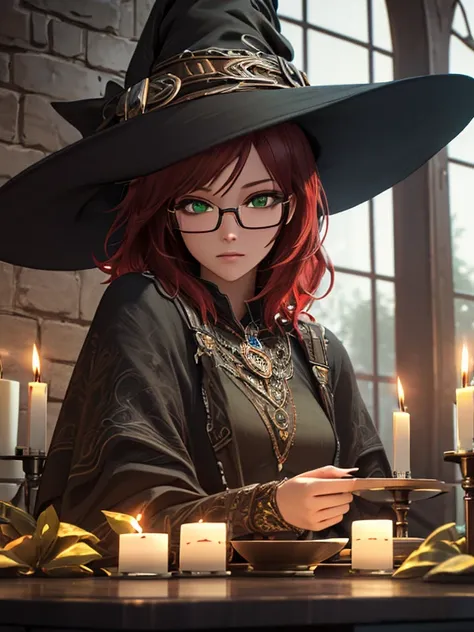 Short,  red hair ,  green eyes ,  metal-framed glasses,  witch hat,  kiss, a girl is sitting in a cafe at a table among candles. ( masterpiece fails,  top quality ,  better quality ,  official art,  beautiful and aesthetic :1.2),  Extremely detailed ,( fra...