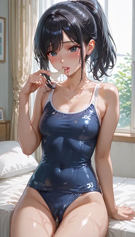 Akane、Age 30、 black hair、 ponytail、 high image quality、Stylish woman、 larger bust than standard、Extremely wet clothes 、  school swimsuit、bet、 Cum on Pussy 、Cum in mouth、blush、whole body、Toes、