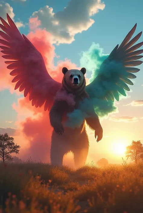 Imagine a magical and futuristic scene in a stunning savannah, where a powerful bear and a majestic eagle are about to merge. In the center of the image, a colorful smoke curtain rises, wrapping the two animals as their shapes begin to intertwine. The bear...