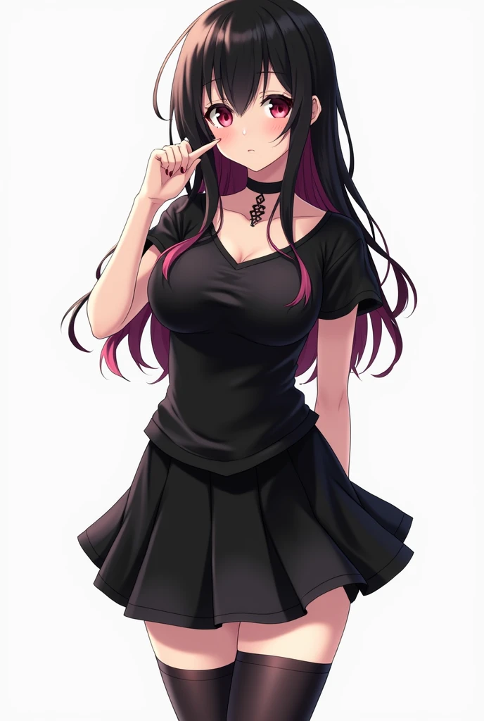  Create a beautiful anime girl on a white background with black hair and some locks of red.  Her hair is loose and has it up to her shoulders .  She is wearing a black choker and has a black top that fits her big breasts . She is wearing a black skirt and ...