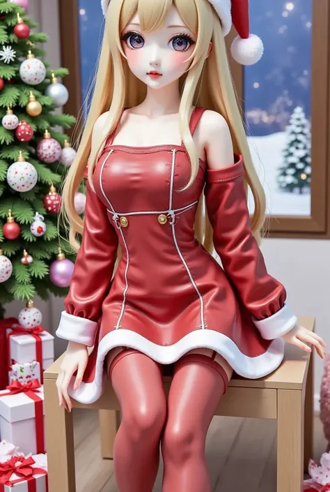 full body,oneuandgr,Realistic photo, 1girl, long hair, fair skin, big breasts, Santa hat, off-shoulder, red leather top, red short leather skirt, garter belt, leather stockings, long legs, red high heels, full body, luxury living room, Christmas tree, Chri...