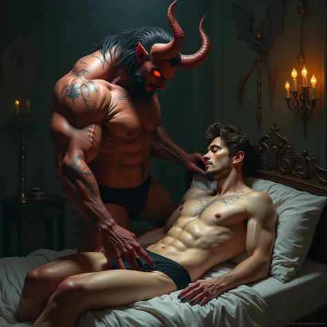 A muscle humanoid gay incubus demon watching a sleeping hot man with your hand inside the underwear 