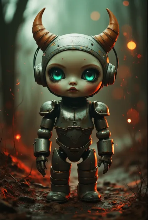 Dark Ambient Dark Fantasy. Full length view. Little funny robot, porcelain face and head, big turquoise eyes, perfect eyes, best quality, relief, dark gothic, concept art, psychedelic, post-apocalyptic, sinister, oil painting, red and yellow drops, thin fl...