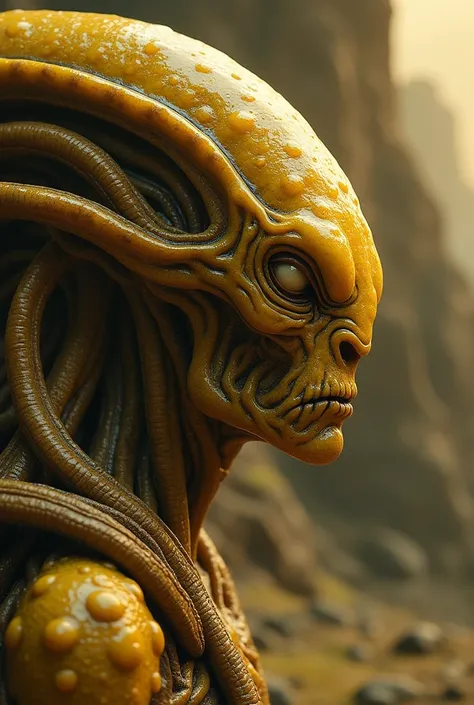 A side profile of a Tengri-Tengri alien with yellow, rugged skin that looks aged and textured, like organic stone. Its elongated cranial structure and flowing tentacles are prominently displayed. The alien gazes into the distance with a calm yet powerful e...