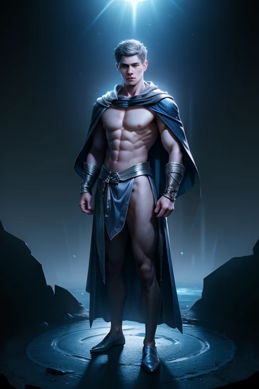 full body, 30 years old, wizard, standing still, shirtless, athletic body, silver cape, short shaved black hair, strong arms visible, silver eyes, hands emitting a bluish luminous glow, silver sleeveless rustic leather vest, silver cape and expansive blue ...