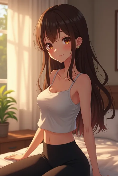 A close view of young anime woman in a room, with long brunette hair and brown eyes, wearing white tank top with thin straps, wearing black yoga pants, looking with smile