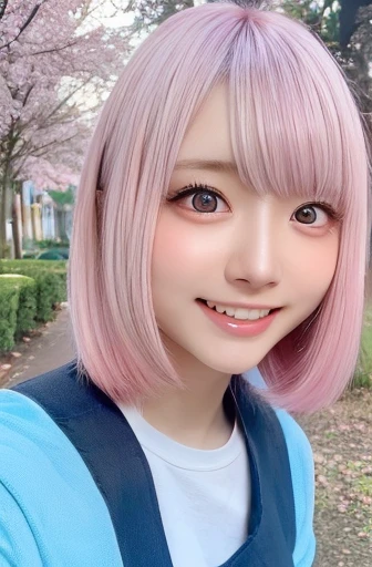   Female Adult、Bright woman、 semi-long hair(Loose perm、Pink with light blue hair tips)、The front hair is even、Bob、Girl with big eyes 、cute、 cute、confident、18 years old、Spring fashion、smile