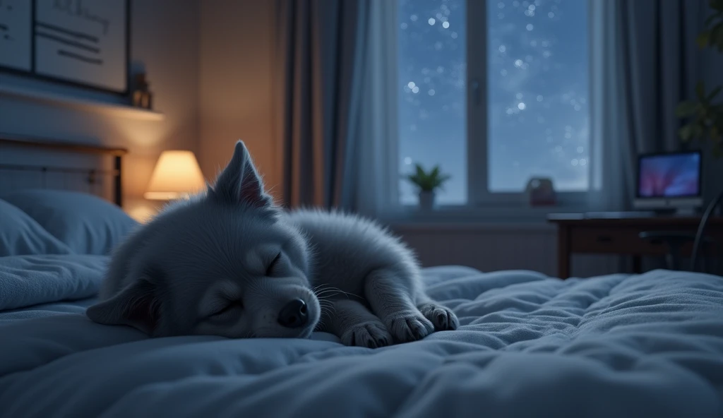  dreaming little gray pet dog，Close your eyes ，sleep，Mao is very smooth ， Housed together in a cozy ， covers the bed with a quilt 。 dark white panoramic room， has a desk，A chair ，Cozy Room Arrangement ，The ground is white ground， outside the window is a ni...