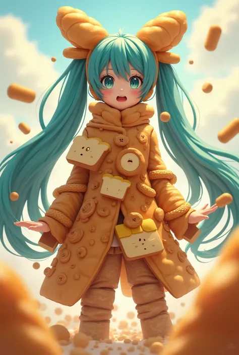 Create me a Hatsune Miku wearing a bread suit 