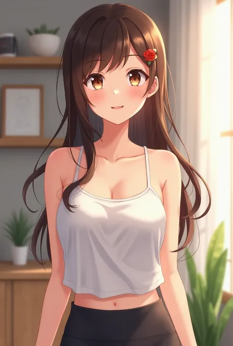 A close view of young anime woman standing in a room, with long brunette hair and brown eyes, wearing white tank top with thin straps, wearing black yoga pants, looking with smile