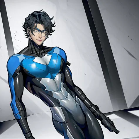   nightwingsuit, cute young man  ,   sexy body ,   tall  , Shiny black hair, upright, 