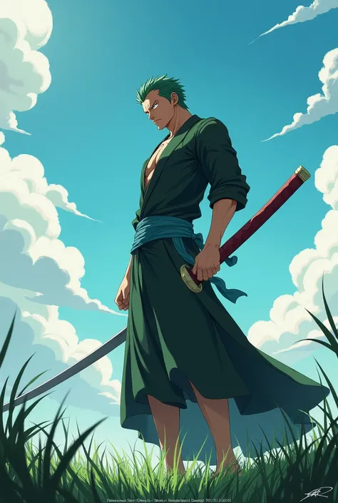 Zoro, top, sword, clear sky, light, clouds, looking at the ground, serious, angry 