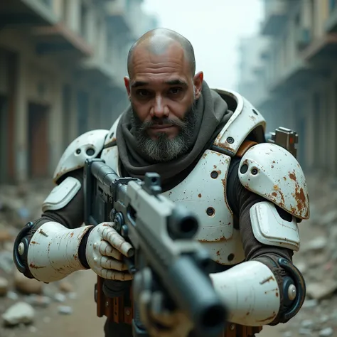 cinematic close up photography of bald man, dark eyes, wearing a dirty and worn white exoskeleton, holding a futuristic gun with both hands, walking along a street of a ruined city