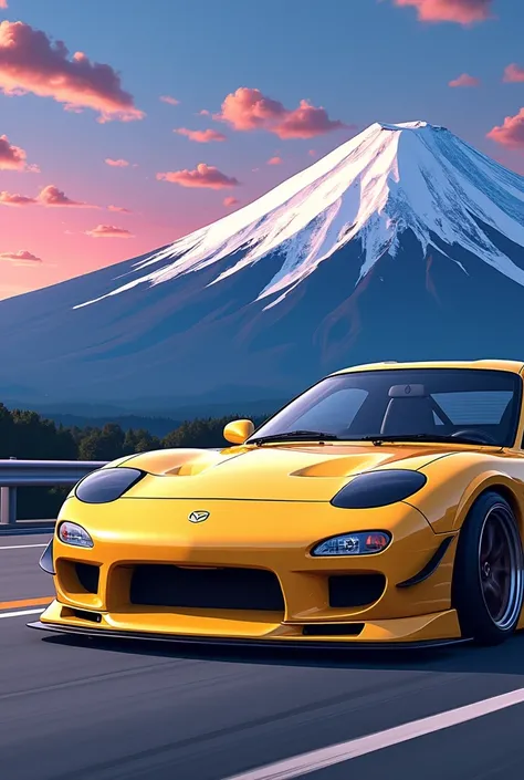 Anime illustration of an yellow rx7 fd with liberty work body kit parked at fuji mountain
