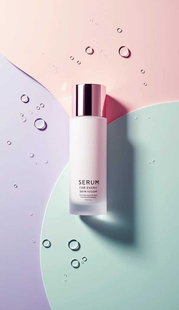 An elegant serum bottle with a sleek, modern design, placed on a soft, neutral-toned background. Water droplets are delicately scattered across the bottle and surrounding area, reflecting light to create a fresh, dewy look. The serum bottle is labeled ‘Ser...