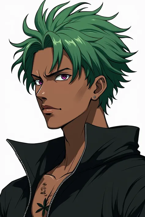  Show me a black boy with green hair and purple eyes . The  is a boy with short hair  , dessin animé dans le style de One Piece. Make it slightly more muscular .
une marque noire sur la joue droite
Le garcon a 18 ans
Il est mature 
Il est beau 