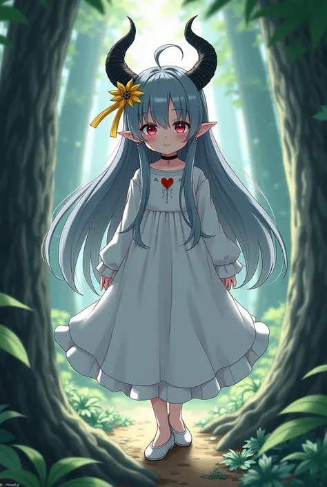 One  girl , long hair,pattsun maegami,Gray Hair,Droopy eyes,Drooping eyebrows, odd-eye,My right eye is rainbow colored ,Left eye red, elf ears , black horns on the upper left side of her head , Big Breasts , simple white long sleeve dress , white flat shoe...