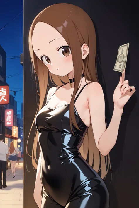 NSFW,masterpiece, top quality , high res, very detailed,Takagi(からかい上手のTakagi), long hair、Brown Hair、 split bangs,Forehead、clavicle,(Prostitute), Sexy Outfit ,Nightlife,Seduce