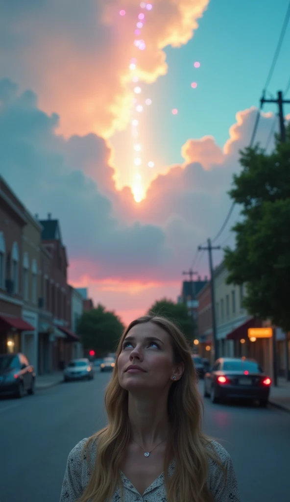 the leftovers, the ascension, people ascending to heaven, empty street, lights in the sky, iridescent clouds, close up of woman looking at the sky, beautiful face, blond girl