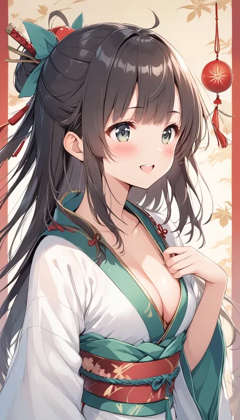 Vector art、One Girl Warrior 、 Warring States period、Japanese style background、cute、 Sexy Ninja Outfits、sakurafubuki、( petite girl:1.4)、smile、Front teeth、turn around、(Shame blush )slouch、 open chest 、 cleavage